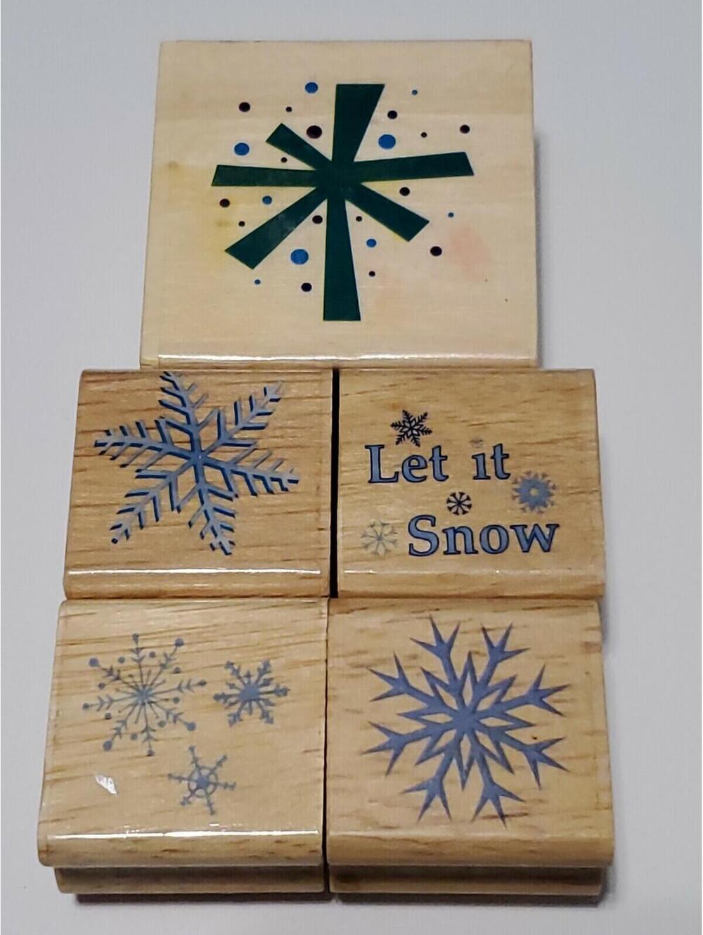Let it Snow and Snowflakes Rubber Stamp Set 5 Wood Block Stamps